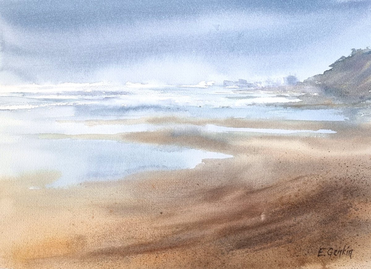 Impressionistic Landscape Watercolour By Elena Genkin, 16 X 12, Seascape With Beach And Mountains #2, Original Artwork