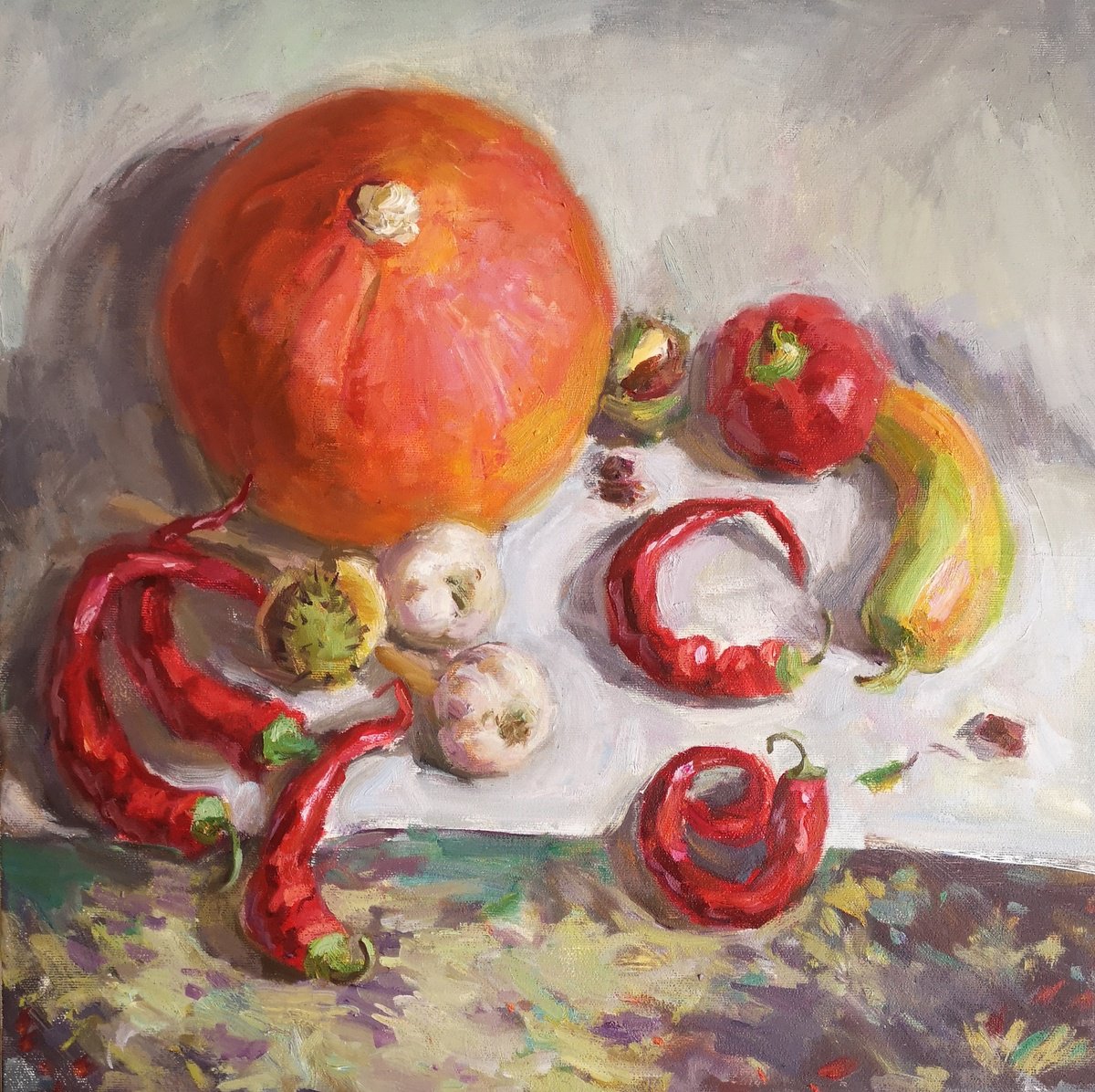 Impressionistic Still Life Oil Painting By Olga Samar, 20 X 20", And Chestnuts, Original Artwork