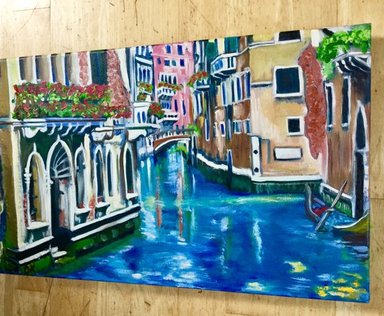 Venice . Canal . Water reflections. View of bridge. On sale.