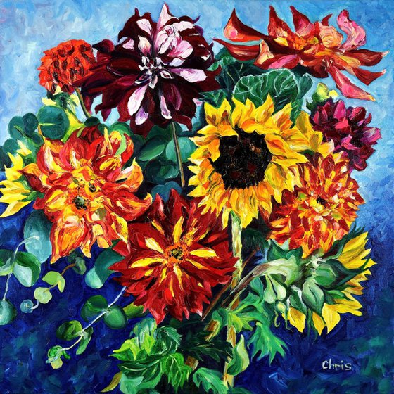 Sunflowers & Dahlias on Cobalt