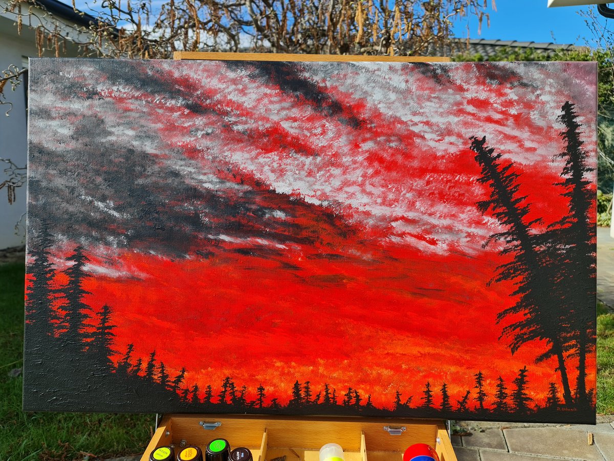 Impressionistic Landscape Acrylic Painting By Daniel Urbani?k, 31 X 20, Landscape In Red Color, Original Artwork