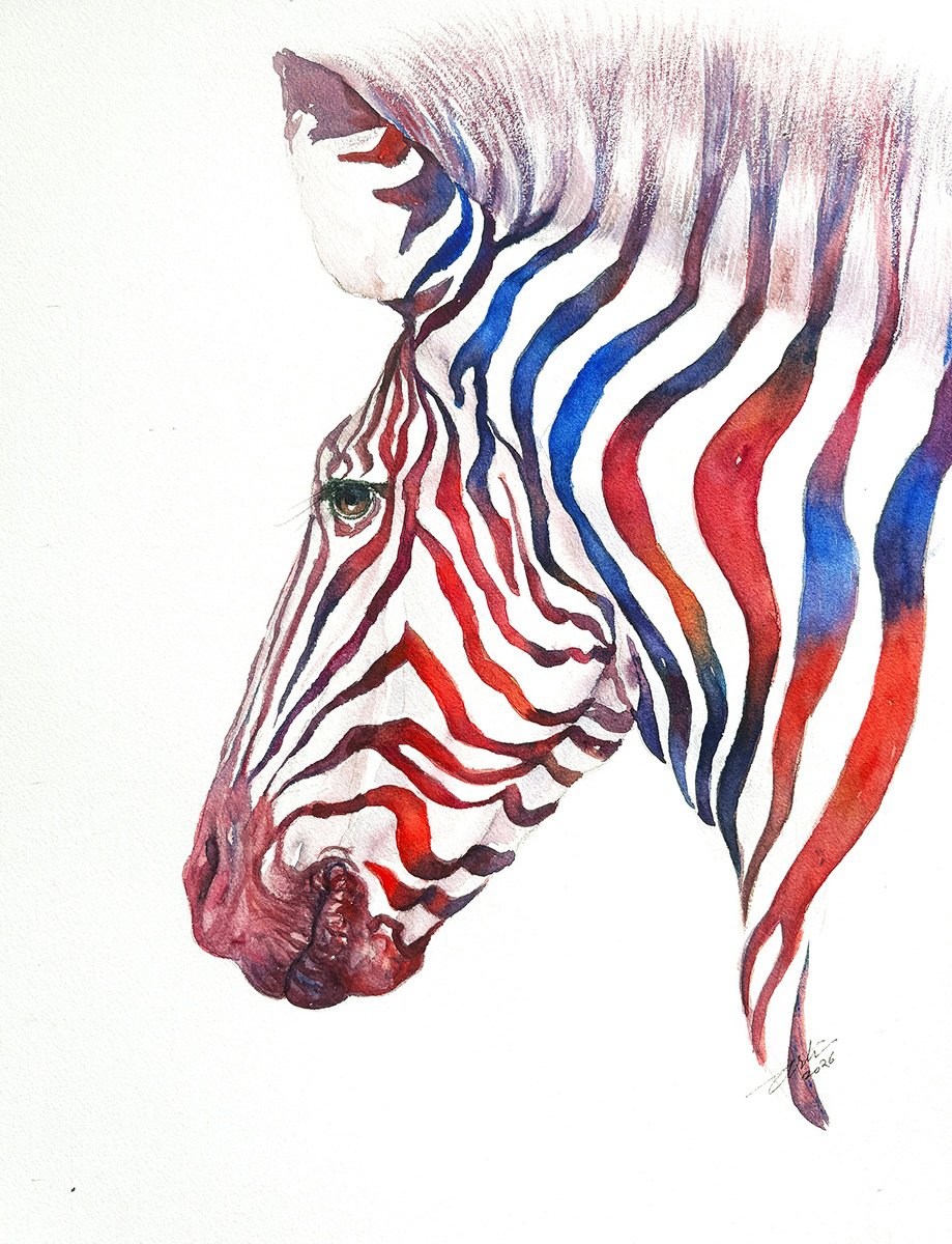 Impressionistic Watercolour , Red And Blue Stripes By Arti Chauhan, 12 X 16, Artwork For Sale On Artfinder