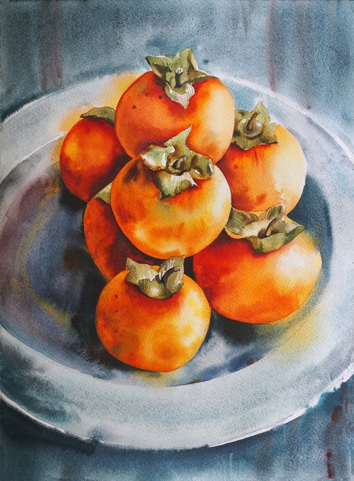 Still life with persimmons on plate by Delnara El