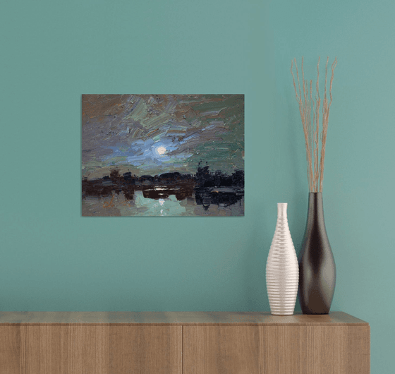 Oil painting, Sunset art, River Landscape, lake art, Impasto painting, Small artwork, Lake art painting, Housewarming gift first home