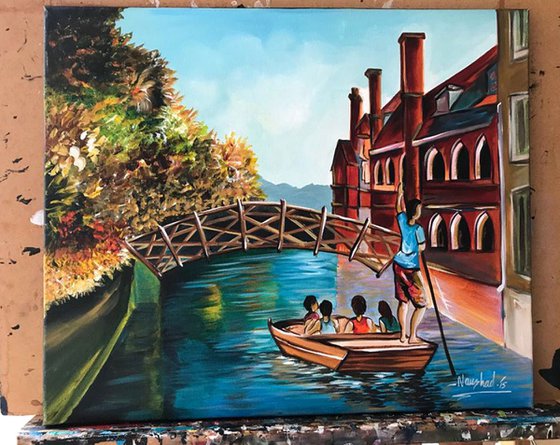 Original Acrylic painting on stretched Canvas. Scenery, Landscape, Mathematical Bridge, Cambridge, British Art