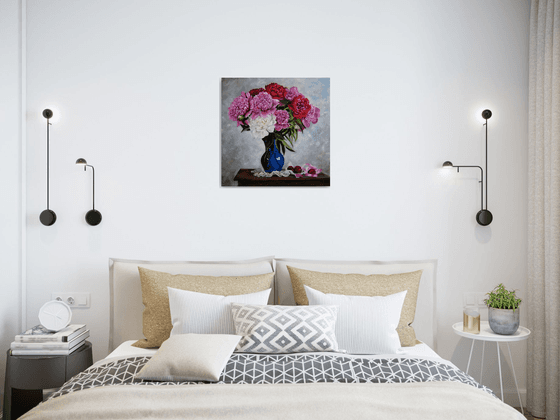 Peonies in Blue Vase