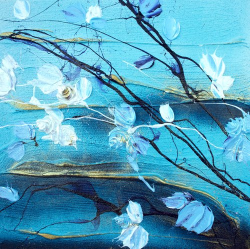 “Blue-Golden Rose Reverie I” small textured floral art by Anastassia Skopp