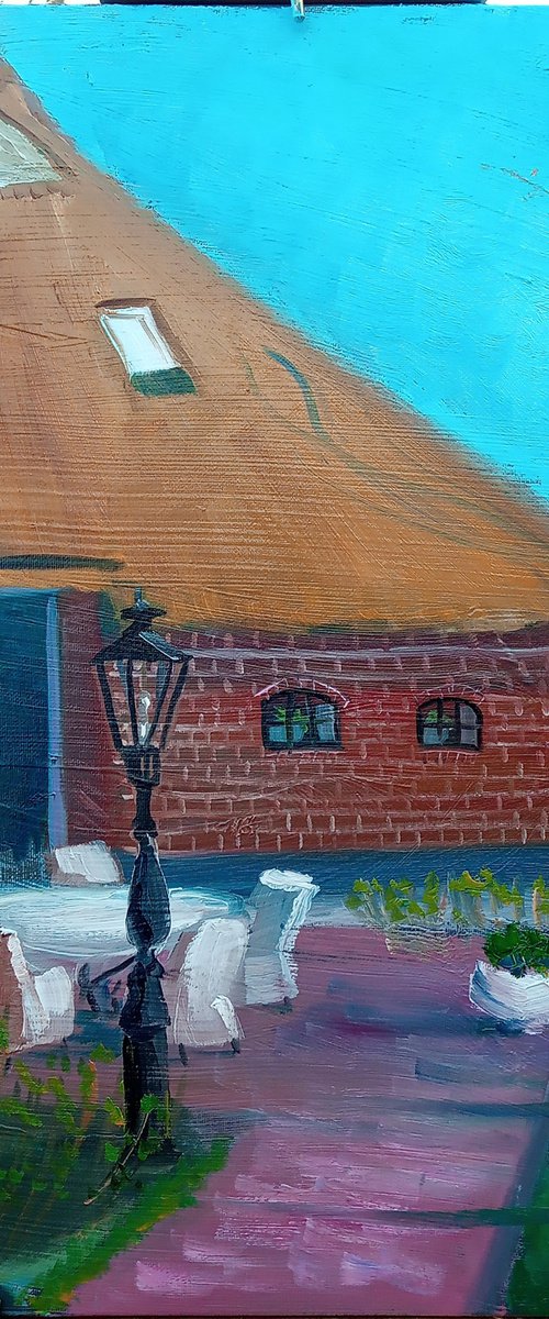 Cozy courtyard near the house with a thatched roof. Plein Air by Dmitry Fedorov