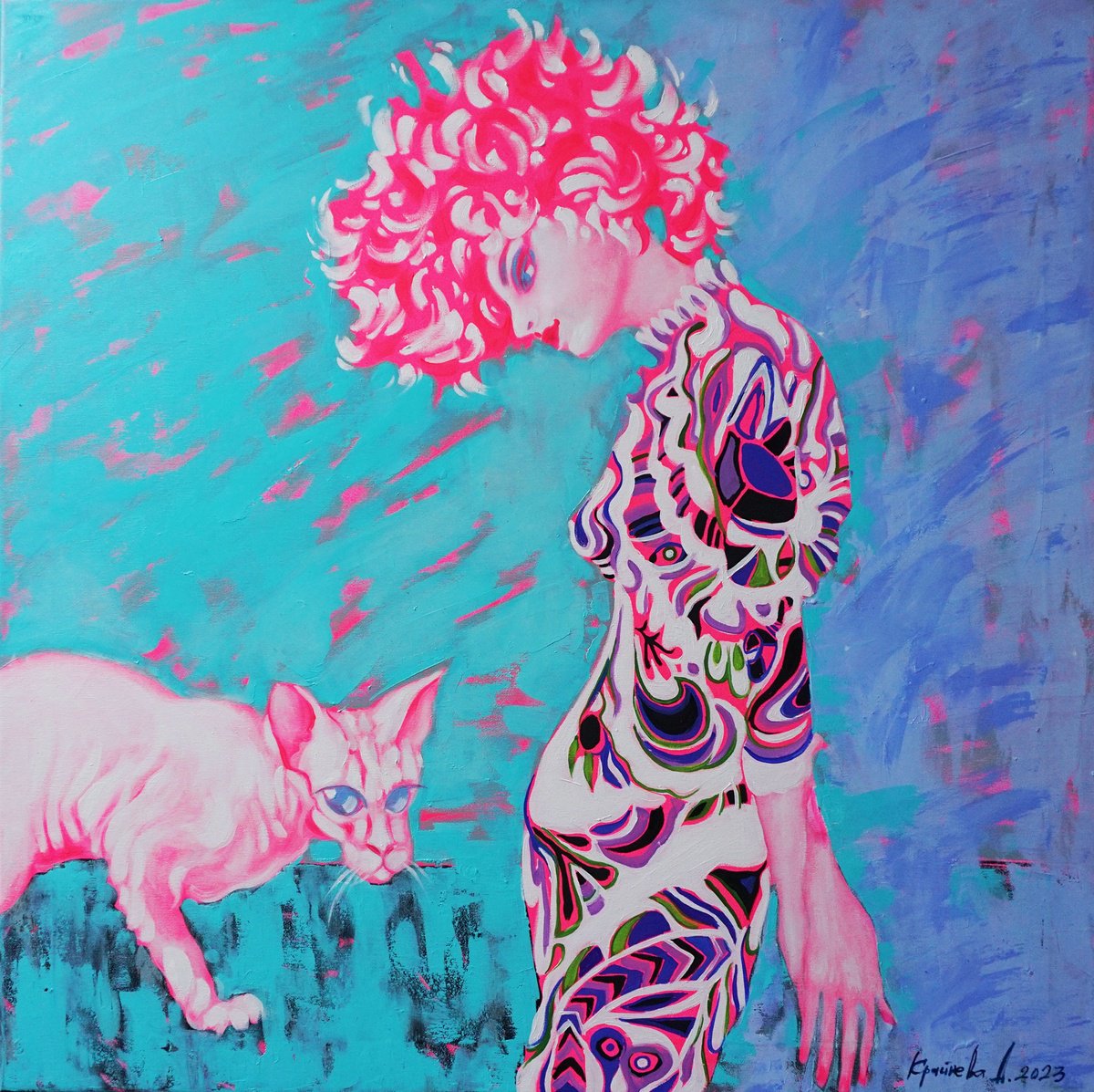 Impressionistic Portrait Oil Painting By Anastasiia Kraineva (Masniuk), 39 X 39, Pink Sphinx, Original Artwork