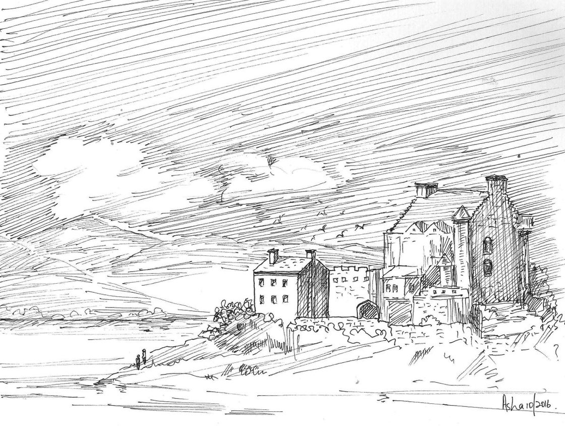 Original Ink Drawing - Set of Two European Castles by Asha Shenoy