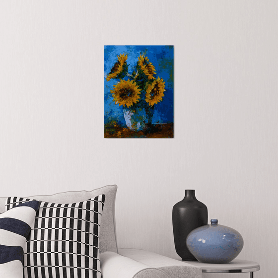 Sunflowers still life painting. Sunflowers in vase