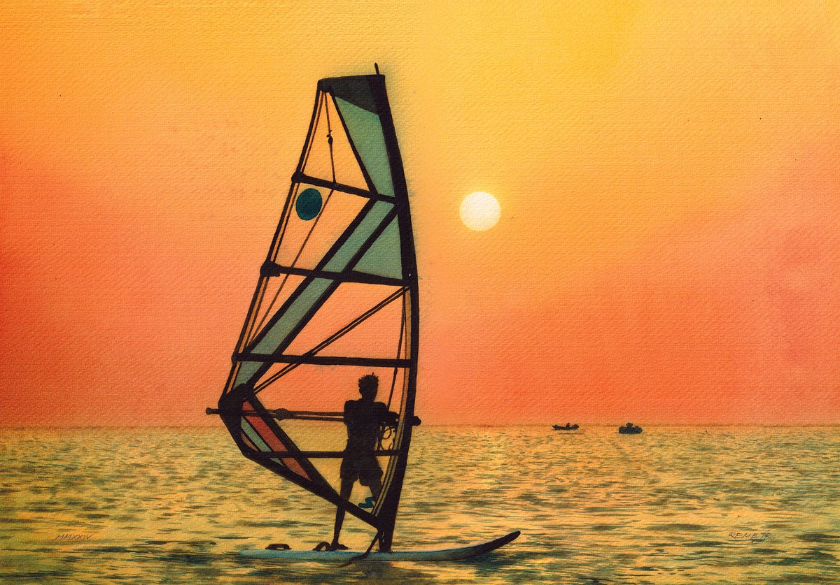 Expressive Landscape Watercolour By Reme Jr., 18 X 12", Windsurfing Into The Sunset, Original Artwork