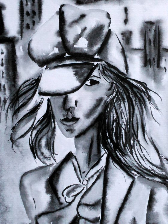 New Yorker Painting Portrait Original Art Girl Portrait Watercolor Woman Artwork City Life Small Home Wall Art 8 by 11" by Halyna Kirichenko