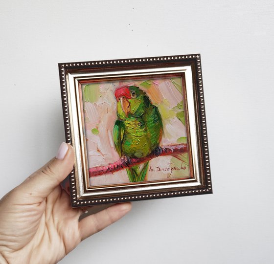 Original parrot bird painting small art framed, Green parrot bird painting original