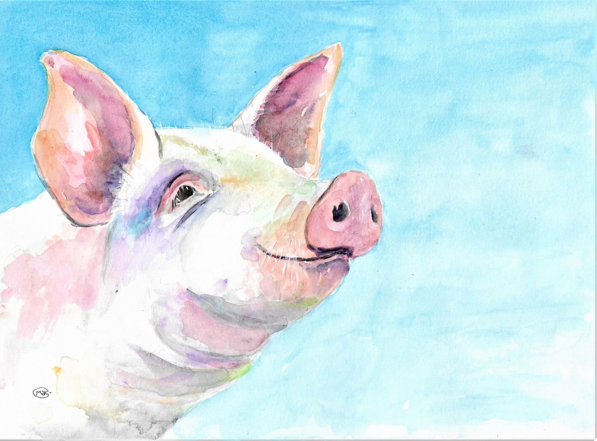 Happy Pig, Piggy. Farm animal painting by MARJANSART