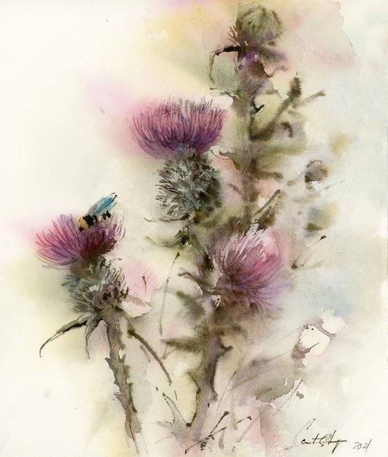 Thistle - Pink Flowers Painting, Scotland National Flower