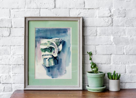 Watercolor plaster column in blue shades still life