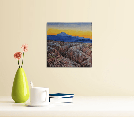 Cappadocia landscape painting watercolour Erciyes Mountain wall art Turkey Gift