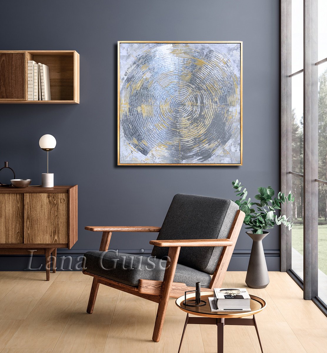 Silver Circle - Original Abstract Silver Grey Gold Large Painting, Living Room Art, Minima... by Lana Guise