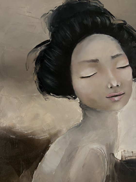 Abstract Geisha Portrait impasto brown tones