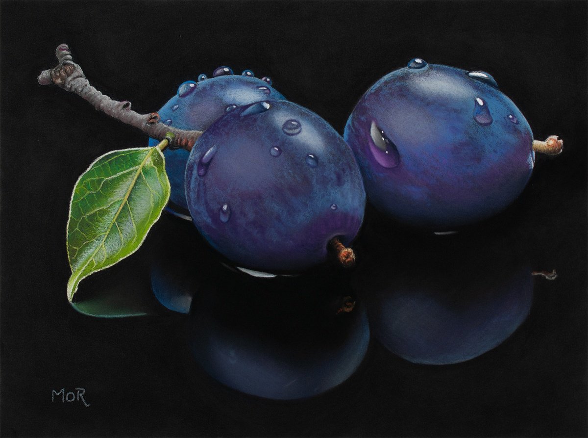 Photorealistic Pastel Drawing , Plums And Leaf By Dietrich Moravec, 12 X 16, Artwork For Sale On Artfinder