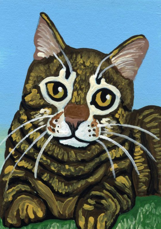 ACEO ATC Original Miniature Painting Brown Tabby Cat Pet Feline Art-Carla Smale