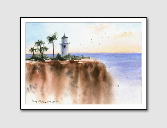 Set of two watercolor landscapes with lighthouse,   original watercolor paintings, beach wall art, decor for living room, business decor, gift for her