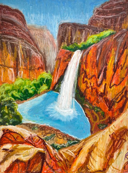 Grand Canyon Original Painting, Waterfall Oil Pastel Drawing, Havasu Falls Picture, National Park Wall Art, Gift for Him by Kate Grishakova