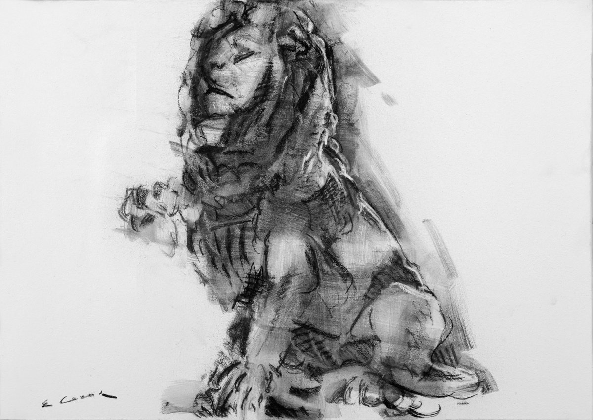 Expressive Animal Charcoal Drawing By Eugene Segal, 28 X 20, Lion, Original Artwork