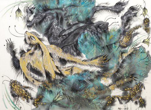 Hares in the pond. Ink painting XL by Anna Onikiienko