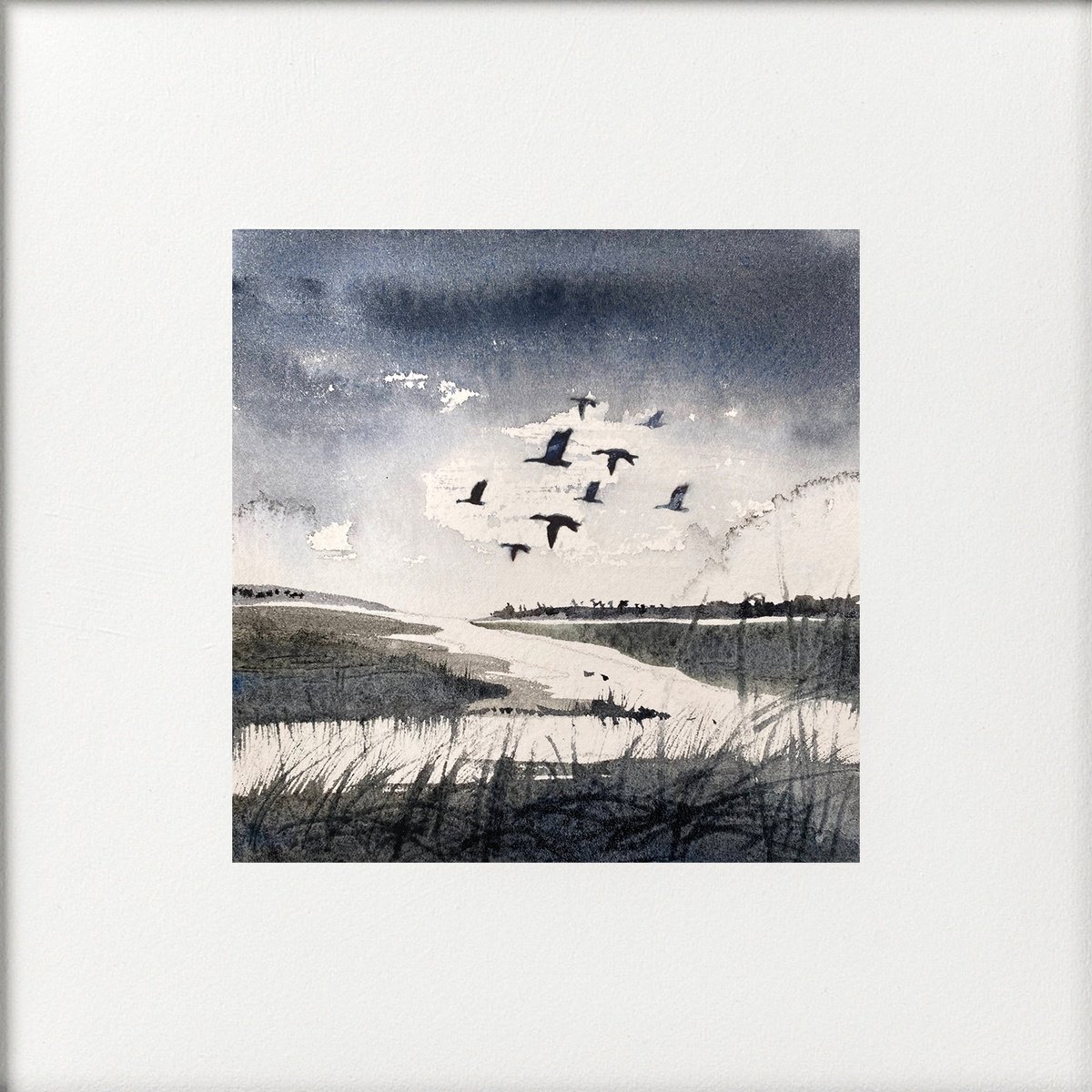 Monochrome - Flock of Geese over Wetlands by Teresa Tanner