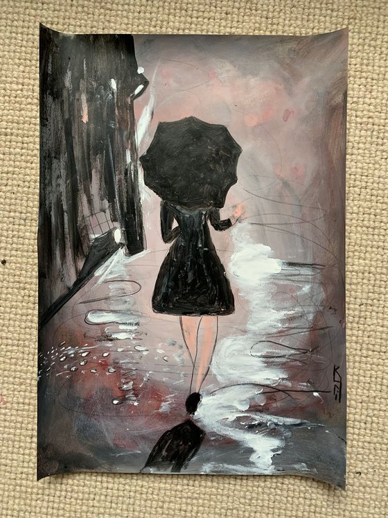 Painting of Woman / Walking in Rain / Portrait / Original Artwork / Rain Painting / Gifts For Him / Home Decor Wall Art 11.7"x16.5"