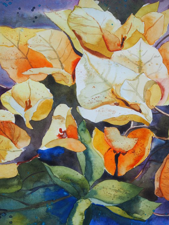 Yellow bougainvillea - expressive original watercolor flower, falling paint