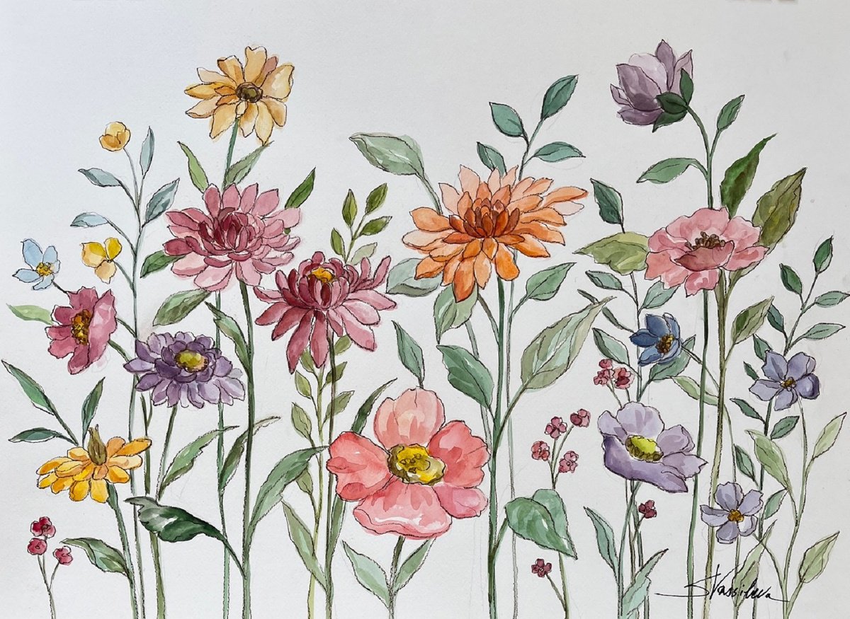 Impressionistic Botanical Acrylic Painting By Silvia Vassileva, 24 X 18", August Flowers, Original Artwork