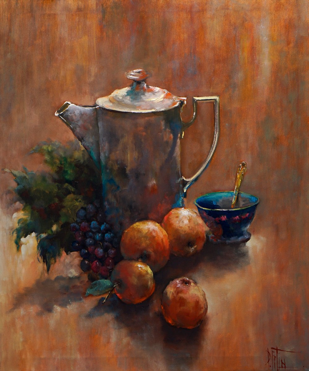 Impressionistic Still Life Oil Painting By Pavel Filin, 30 X 35", Silver Teapot, Original Artwork