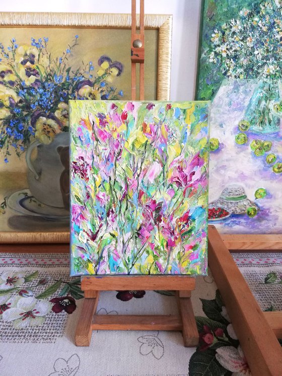 Irises Abstract Flower Meadow - Original Oil on Canvas 10 by 8" (25x20 cm)