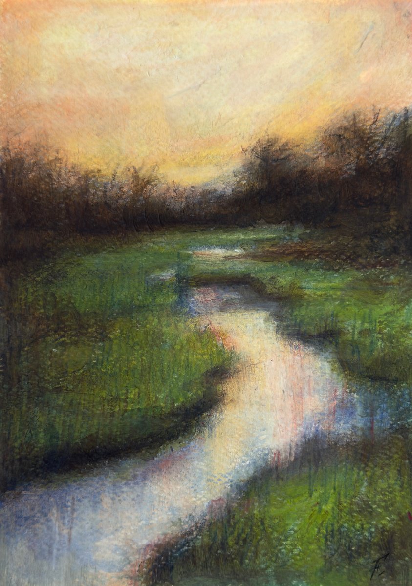 Impressionistic Landscape Pastel Drawing By Nikola Gulev, 6 X 8", "Late Winter Morning", Original Artwork