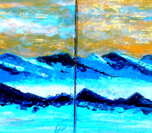 Golden Skies II & III . Two paintings 40cm x 30cm ( 80cm x 30cm combined ) by Paul J Best