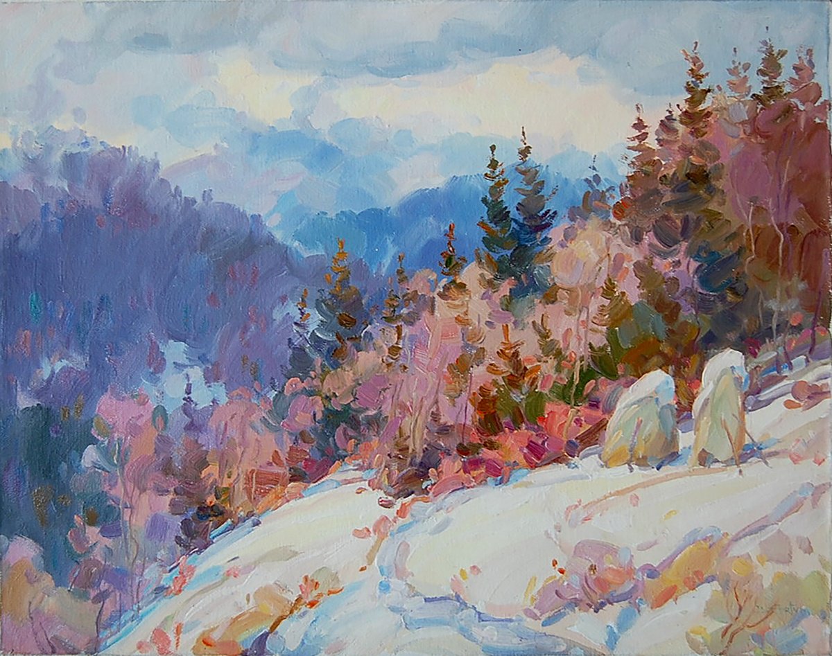 Impressionistic Landscape Oil Painting By Dmitry And Olga Artym, 20 X 16, Winter In The Carpathians, Original Artwork
