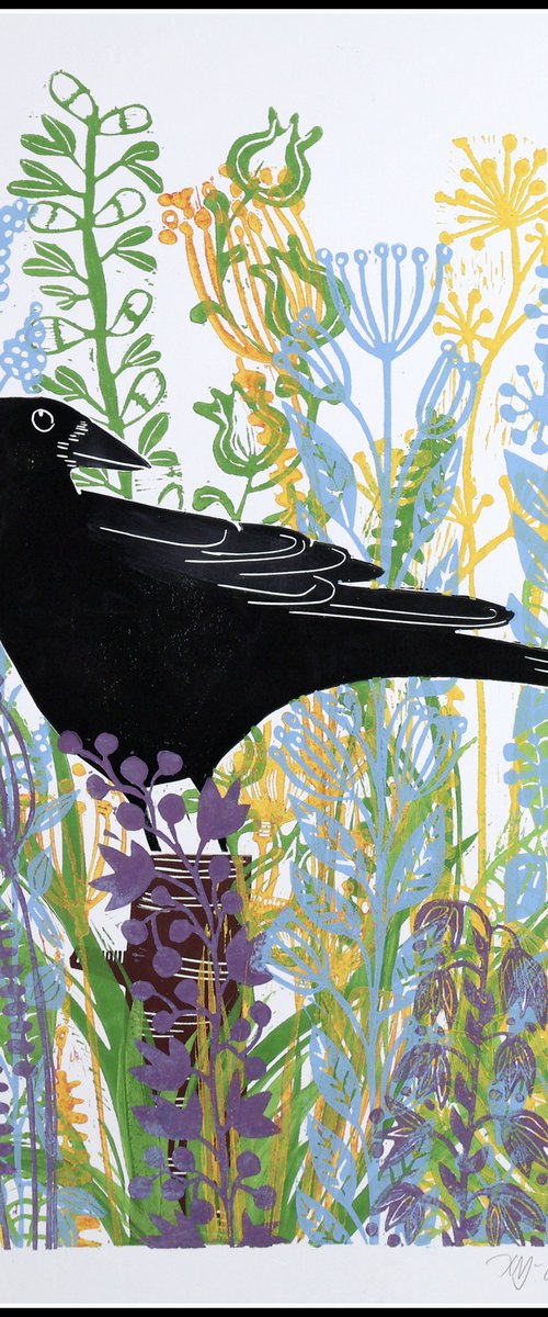 Crow in the Meadow, monoprint by Mariann Johansen-Ellis