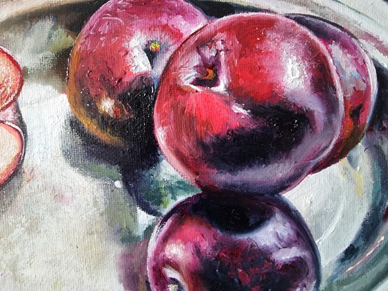 "Plums dream of the sea. "  still life liGHt original painting PALETTE KNIFE  GIFT (2021)