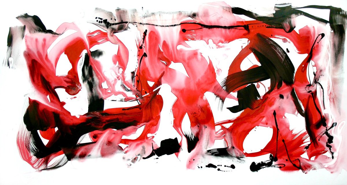 Expressive Abstract Acrylic Painting By Paresh Nrshinga Frsa, 60 X 32", Crimson Tide, Original Artwork