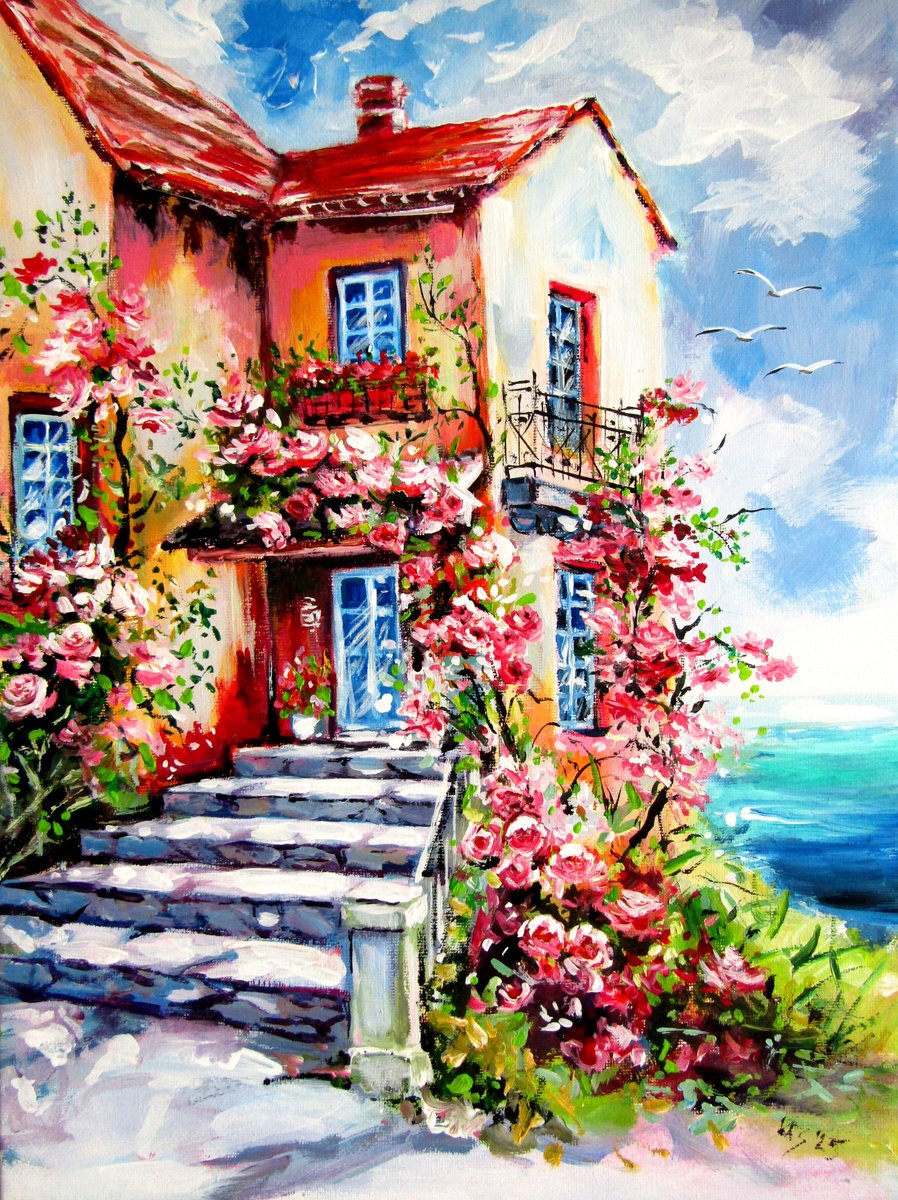 House With Roses By Kovacs Anna Brigitta, 12 X 16, Artwork For Sale On Artfinder