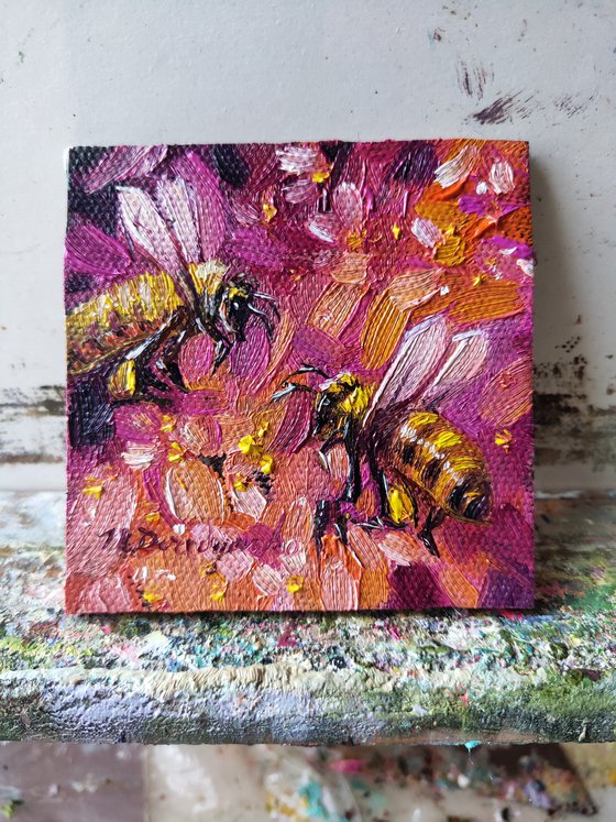 Bee artwork couple anniversary gifts miniature art painting original, Bee painting 3x3 small framed gift for girlfriend