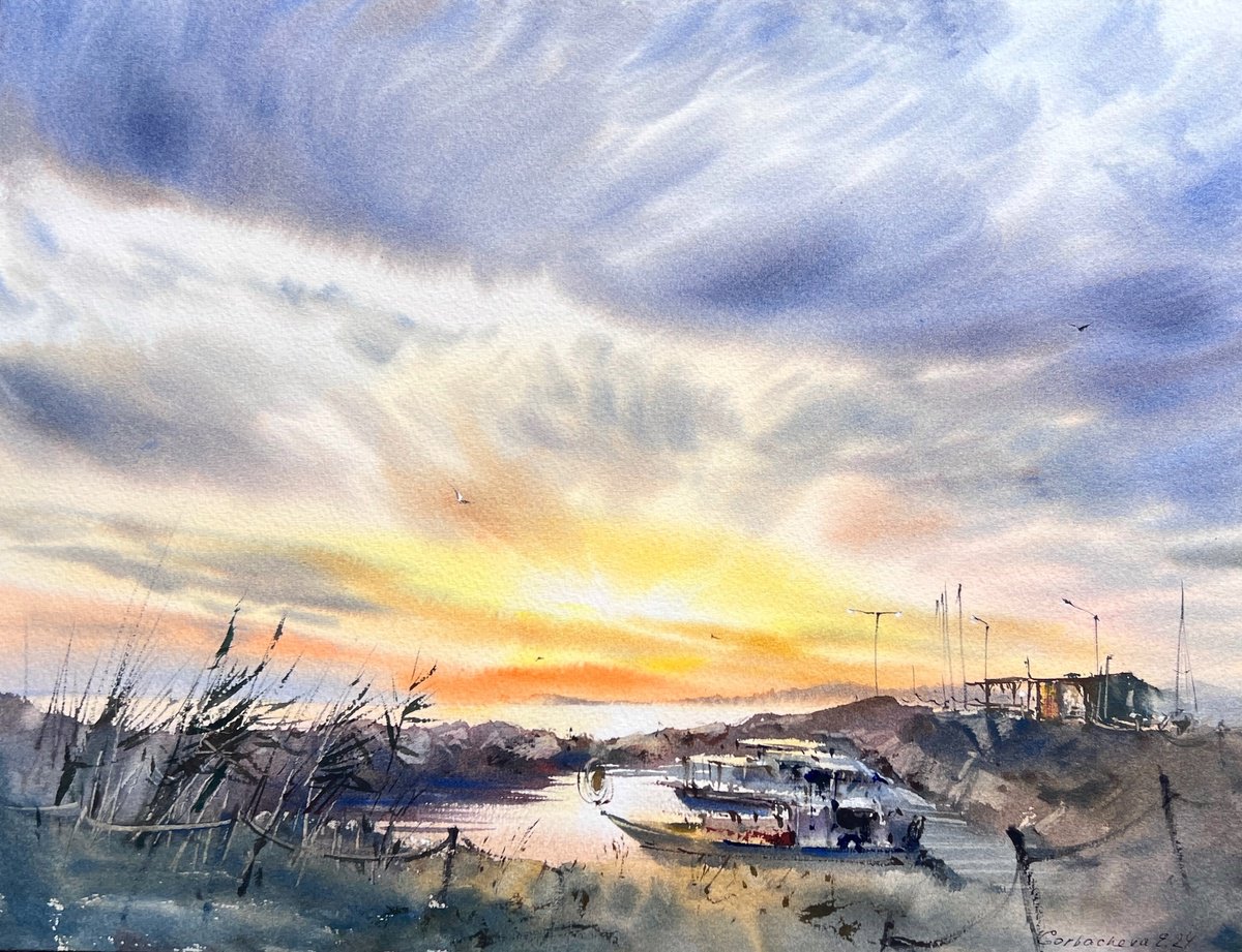 Impressionistic Watercolour , Boats On The Pier Sunset #4 By Eugenia Gorbacheva, 16 X 12, Artwork For Sale On Artfinder
