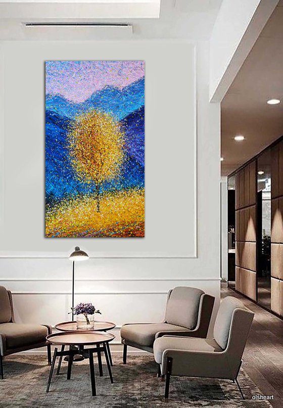 Yellow bright painting Autumn modern landscape Sunny autumn tree Mountains vertical art