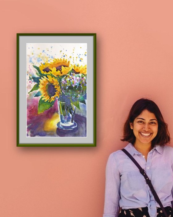 Sunflowers in a Vase Original Watercolor Painting Loose and Expressive Floral Art