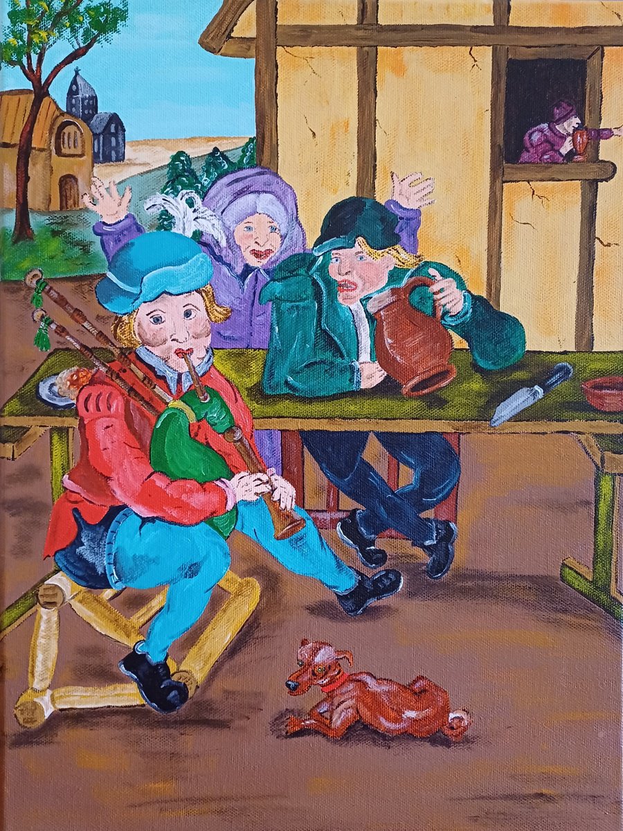 Expressive Portrait Acrylic Painting By Corinne Hamer, 12 X 16, The Bagpipe Must Be Filled, Original Artwork