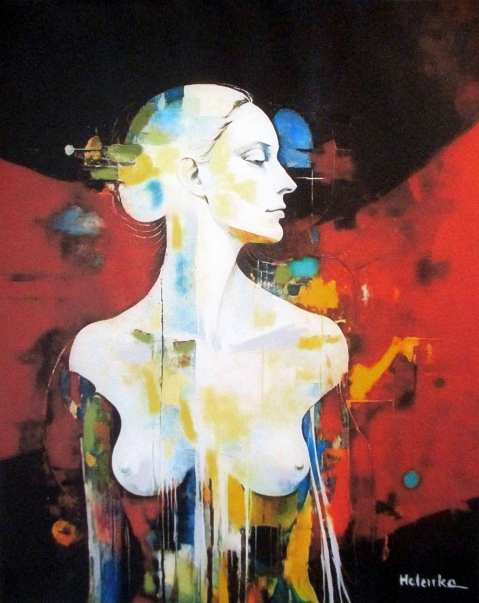 Expressive Portrait Acrylic Painting By Helena Wierzbicki, 23 X 31, Traces Of Her, Original Artwork
