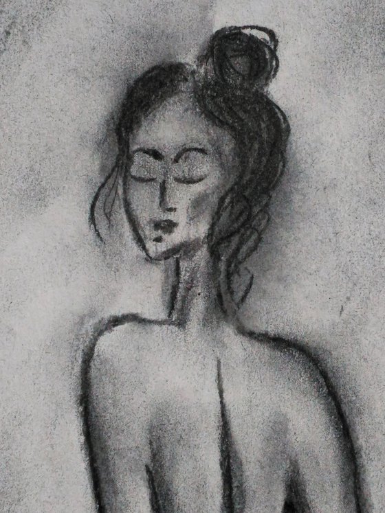 Female Nude Painting Figurative Original Art Woman Standing Nude Drawing Back View Bedroom Bathroom Charcoal Wall Art 12 by 17 inches